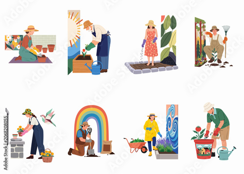 Collection of diverse people gardening and planting flowers, vegetables, and trees in various outdoor settings with colorful artistic backgrounds