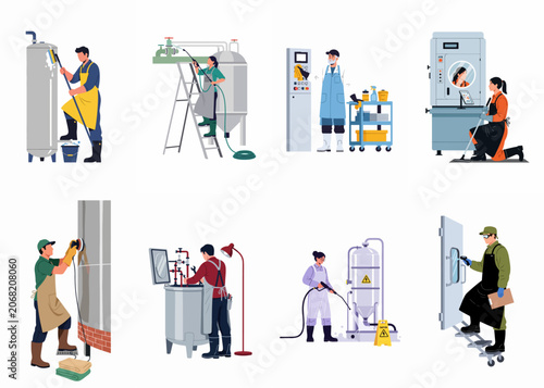 Flat illustration set of professional industrial workers performing various cleaning and maintenance tasks on factory machinery and technical equipment.