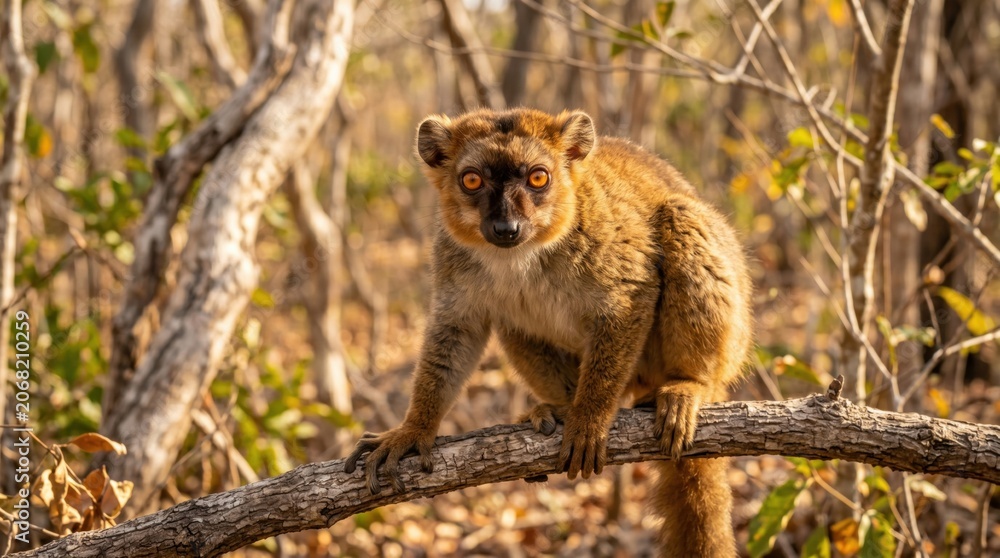 Fototapeta premium A cute brown lemur sitting on a tree branch in a dry forest in madagascar looking at the camera