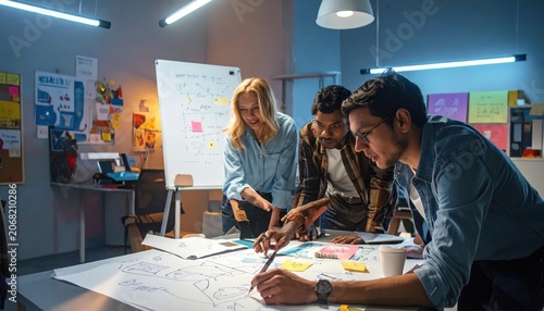 Diverse Team Collaborating on a Project Whiteboard and Desk Layouts