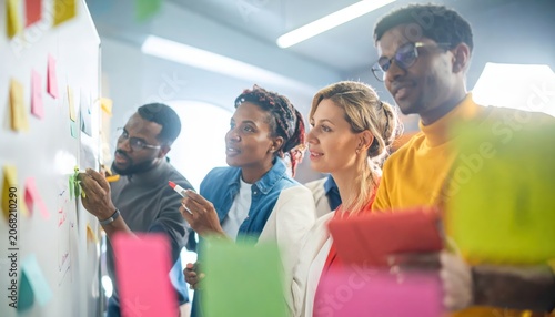 Diverse team collaborating on a whiteboard with sticky notes and markers