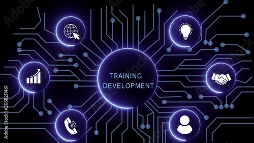 training development concept with circuit lines and digital symbols hovering above a businessman, technology. manufacturing process management all connected in a digital circle like pattern.