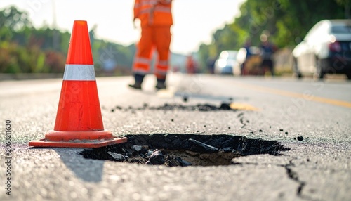 Pothole on asphalt street with orange safety cone and blurred construction worker in background