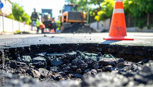 Close-up of a large pothole on an asphalt road with construction equipment in the background