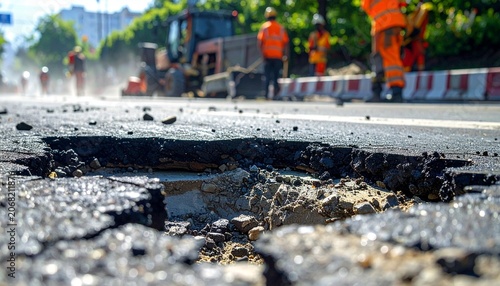 Large pothole on a damaged asphalt road with construction crew working in the background