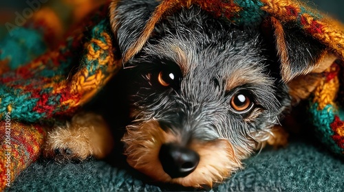 Close-up of a small, fluffy dog peeking out from under a vibrantly colored knitted blanket