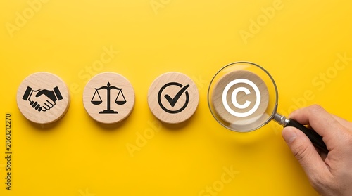 Businessman hand examining wooden copyright icon token with magnifying glass on yellow surface. Concept of digital asset licensing, legal business compliance, and intellectual property auditing.