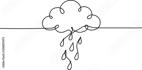 Continuous line drawing of a rain cloud with falling raindrops