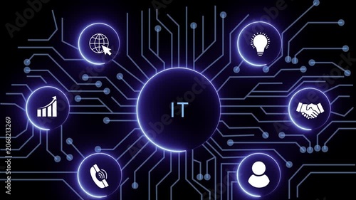 IT concept with circuit lines and digital symbols hovering above a businessman, technology. manufacturing process management all connected in a digital circle like pattern.