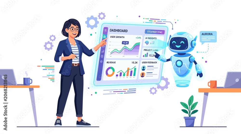 Obraz premium Professional Businesswoman and AI Robot Collaborating on Data Analysis and Digital Dashboard for Business Intelligence and Technological Innovation