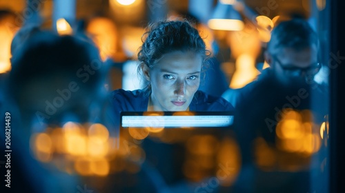 Wide composition showing a journalist engrossed in writing breaking news laptop screen glowing in cool blue light framed by a busy newsroom atmosphere with outoffocus colleagues