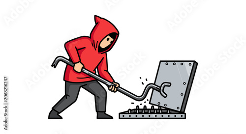 Thief using crowbar to break into metal safe