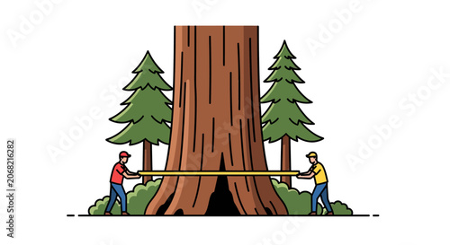 Two lumberjacks cutting giant tree with manual saw