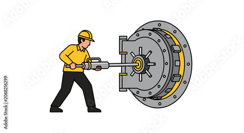 Worker drilling large bank vault steel door