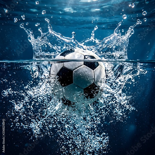 Soccer ball splashes underwater with ripples and bubbles rising