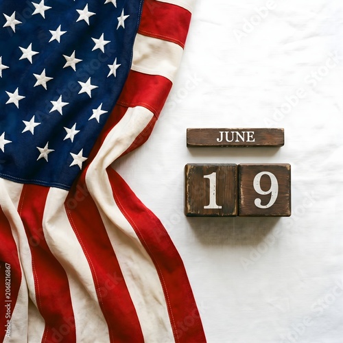 American flag on white background with June 19 wooden calendar blocks