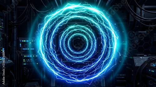 A glowing blue swirling vortex emits light in a dark technological laboratory setting with futuristic equipment.