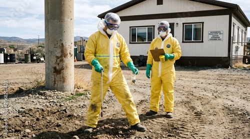 Two workers wearing hazmat suits walk on a dirt road near a building.