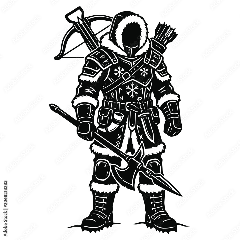 Obraz premium Monochrome vector illustration of a fantasy winter warrior in fur-lined armor wielding a large battle axe and carrying a crossbow on his back