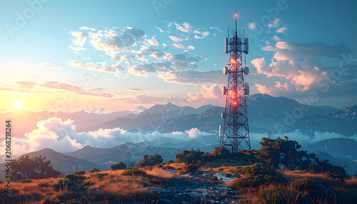 Telecommunication tower on mountain peak at sunset with clouds and scenic landscape view.
