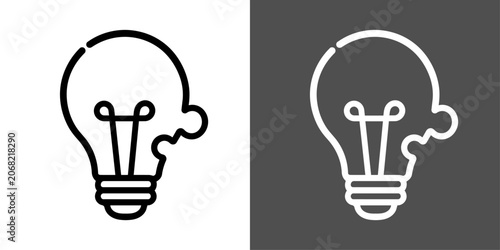 電球とパズルで問題解決を表す太線アイコン