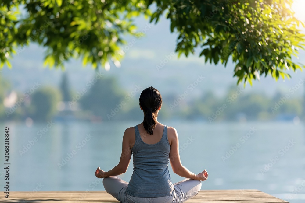Fototapeta premium Meditation and yoga for a woman in nature finding peace and serenity by the lake