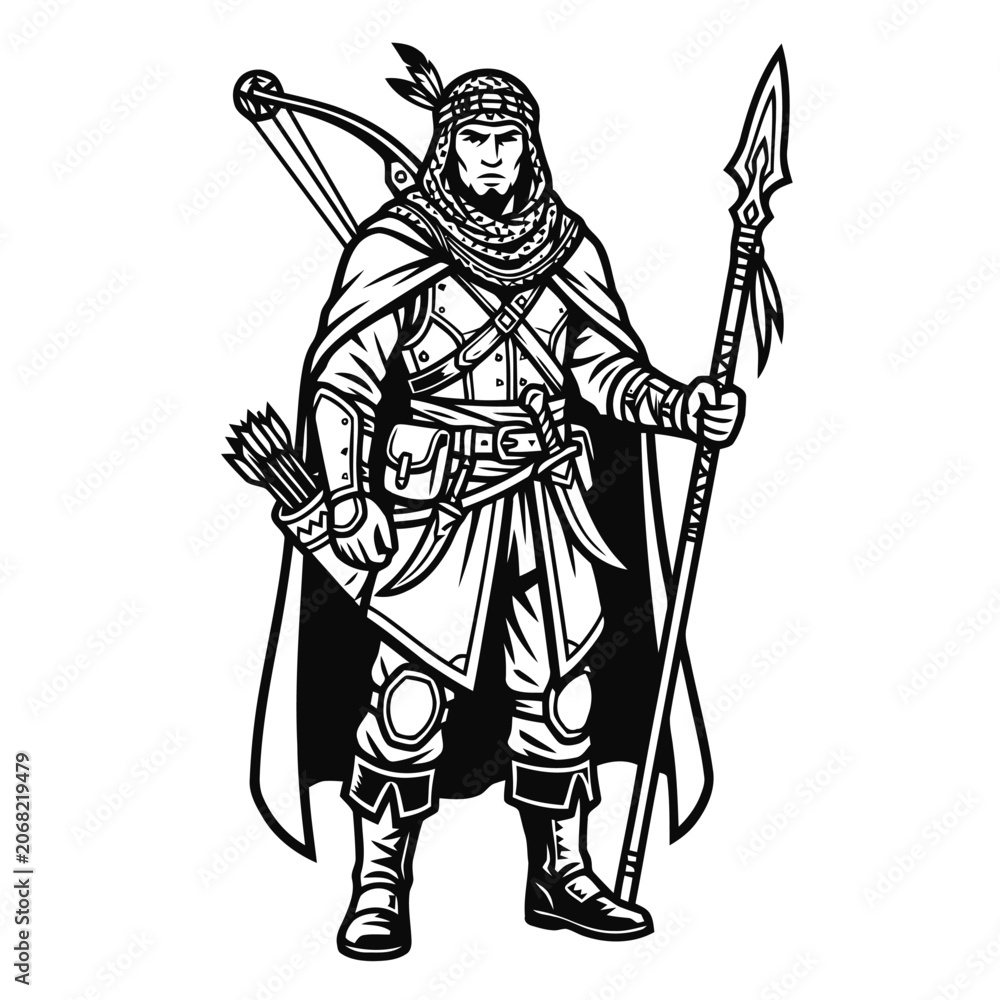 Fototapeta premium Striking monochrome illustration of a formidable fantasy warrior, armed with a bow, quiver, and spear, depicted in detailed line art, ready for an epic journey or ancient combat