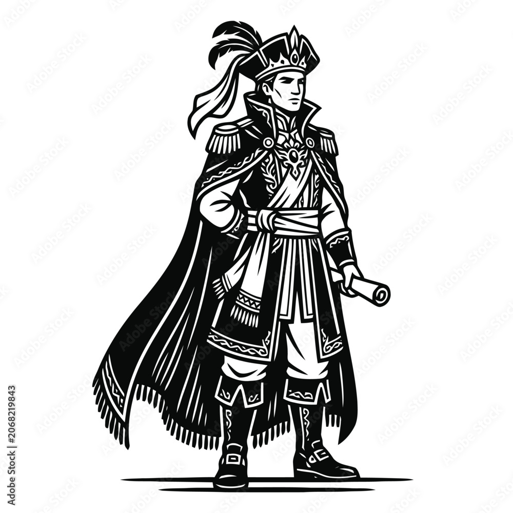 Obraz premium Elegant illustration of a man in historical military attire, holding a scroll, in black and white
