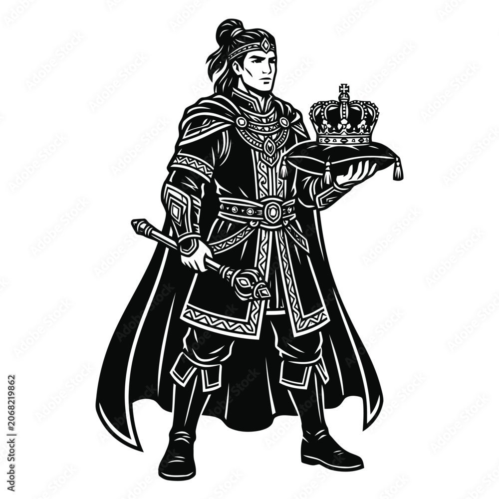 Obraz premium Black and White Vector Illustration of a Regal Medieval Prince Holding a Royal Crown and Ornate Scepter