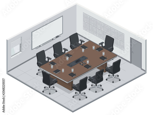 Isometric corporate conference room with large table and chairs