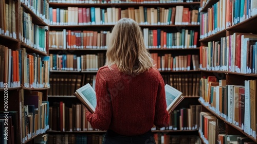 Back view of a person reading a book in a library surrounded by rows of books