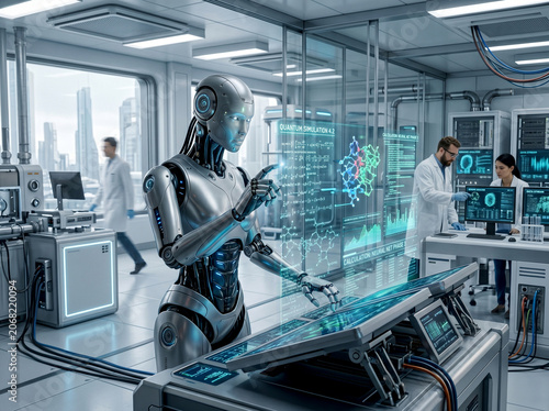 Advanced Humanoid Robot Working with Scientists in Futuristic Science Laboratory