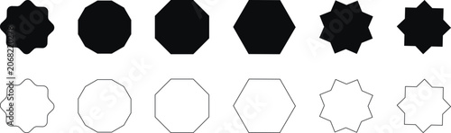 Tableau sur toile Set of geometric shapes, including polygons and star shapes, in solid black and