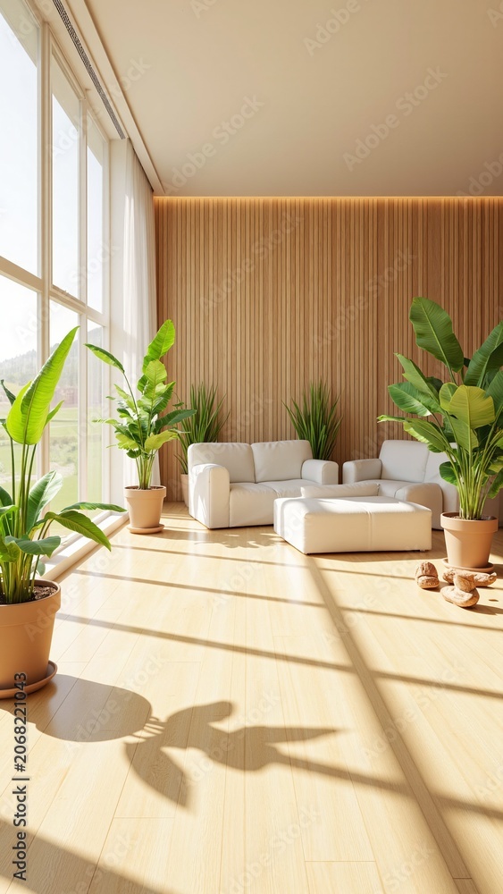 Fototapeta premium Modern Minimalist Interior With Green Plants and Sunlight