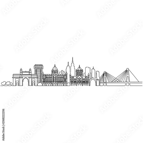 Thin Line Art Drawing of Mumbai's City Landmarks