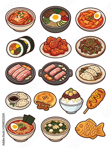 Korean Food and Traditional Cuisine Flat Icon Set Vector Illustration