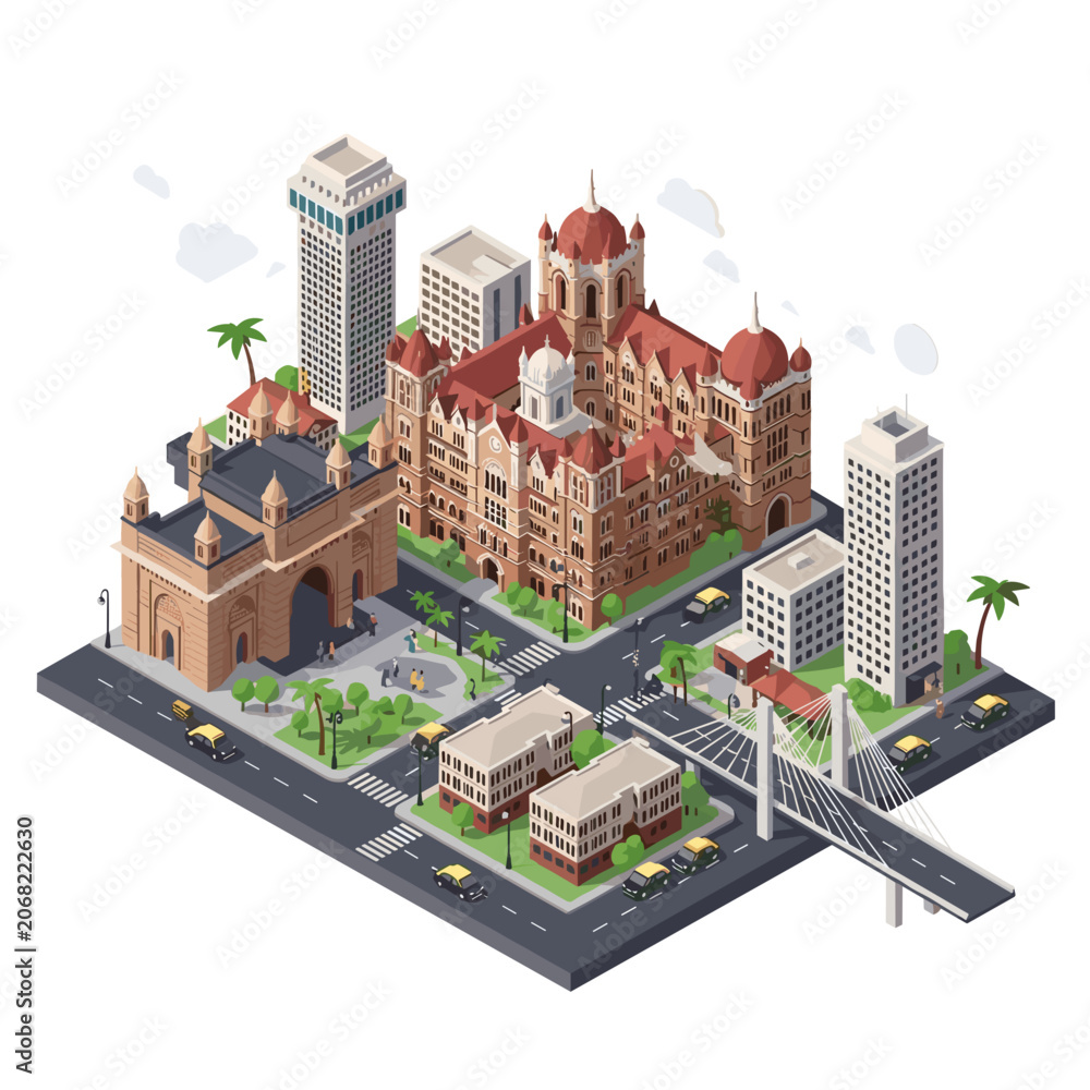 Obraz premium Isometric View of Mumbai City Blocks and Traffic