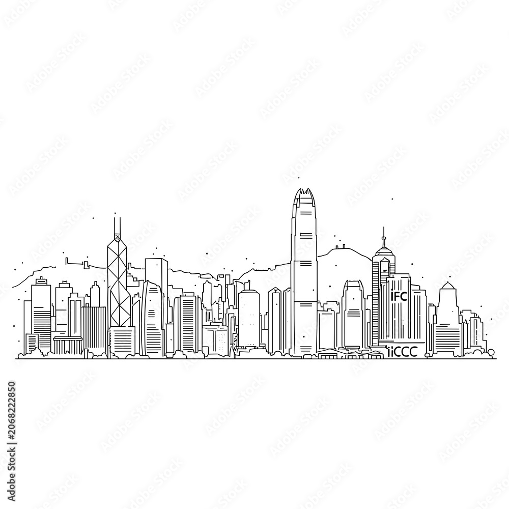 Obraz premium Detailed Line Art Drawing of Hong Kong Buildings
