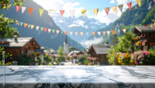 An empty display case on a marble table, against a backdrop of an Alpine village adorned with festival flags, and an empty bokeh background.