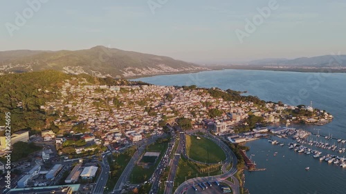 High Angle Aerial Shot of Florianopolis Beira Mar Cityscape with Skyscrapers Public Park and Ocean Bay