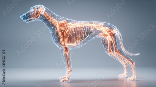 Luminous skeletal structure of a canine, glowing with internal light