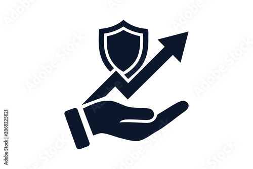 A hand holding a shield with an upward arrow indicating protection and growth