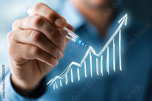 Hand drawing a glowing upward trending financial growth chart with a pen