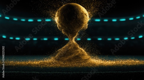 Golden hourglass dissolving into a sphere against stadium lights