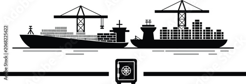 Container ships and cranes in port with safe icon symbolizing security and cargo ship, international trade