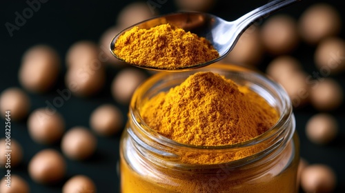 Golden powder in jar and spoon, with blurred orbs in background