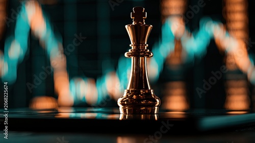 Golden king chess piece stands before blurred financial graph