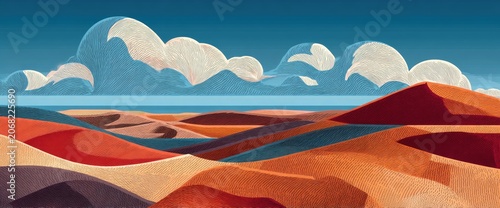 Stylized desert landscape with undulating dunes under a blue sky