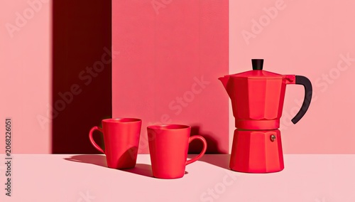 Two red cups and a red coffee maker sit on a pink surface