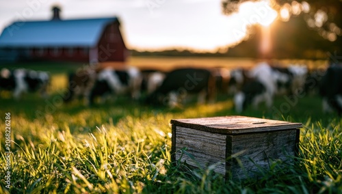 Sunlit rural farm scene with cows grazing near a barn